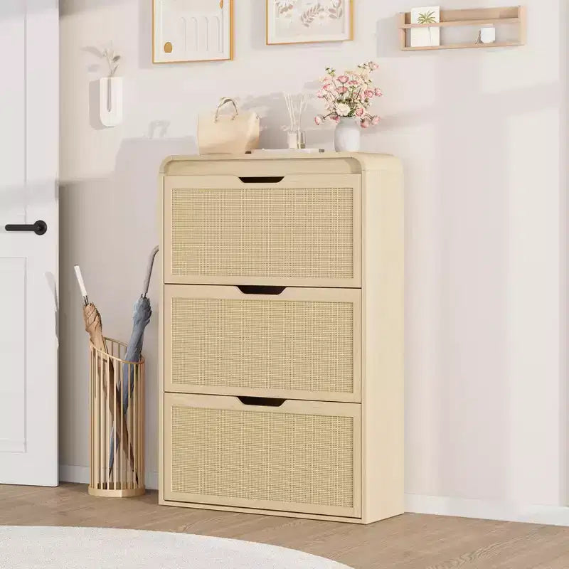 Rattan Shoe Cabinet with 3 Flip Drawers, Slim Narrow Shoe Storage Cabinet for Entryway with Adjustable Shelves