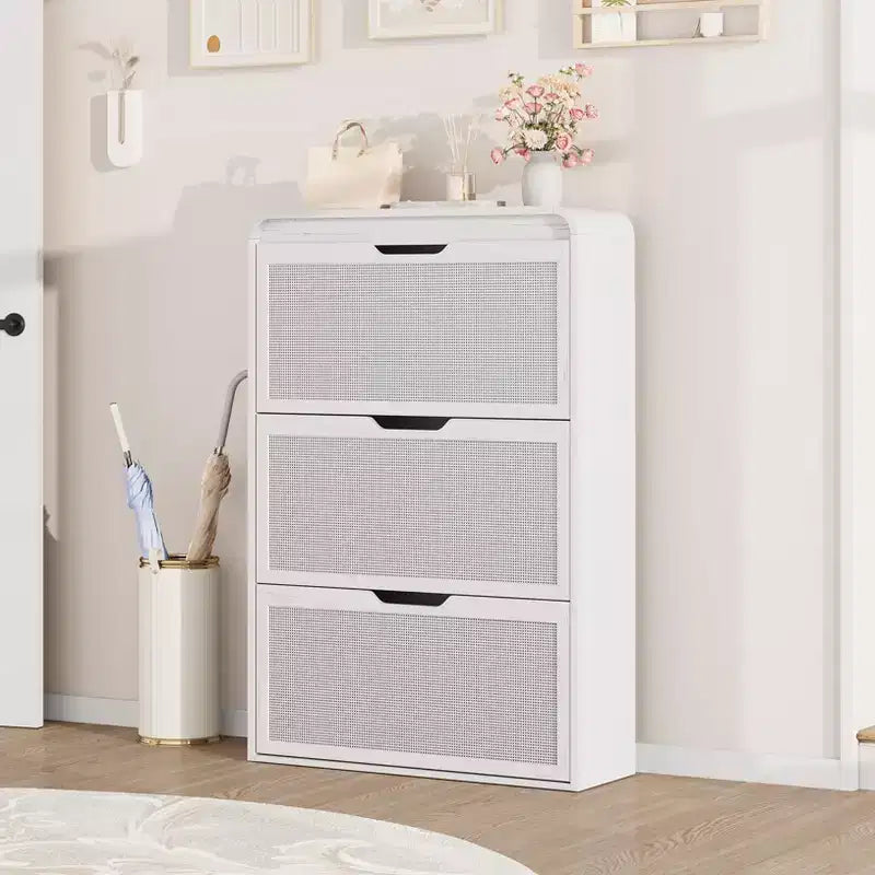 Meuble à chaussures en rotin avec 3 tiroirs basculants, meuble de rangement pour chaussures fin et étroit pour entrée avec étagères réglables