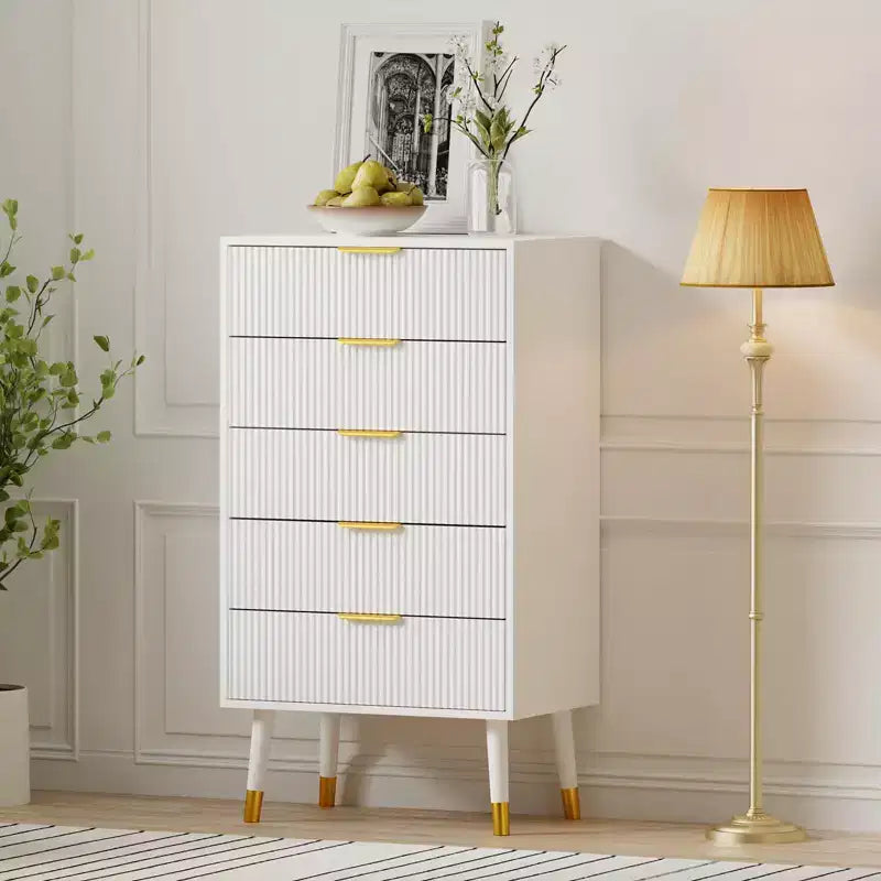 Ensemble de 2 meubles de rangement cannelés pour entrée, commodes noires en bois à 5 tiroirs, poignées dorées en métal, tables de chevet pour chambre à coucher, salon, entrée, blanc
