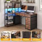47.2 Bureau d'angle moderne en L avec 6 tiroirs et 5 étagères – Poste de travail d'angle avec prises de courant intégrées pour bureau à domicile