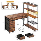 47.2 Bureau d'angle moderne en L avec 6 tiroirs et 5 étagères – Poste de travail d'angle avec prises de courant intégrées pour bureau à domicile