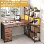 47.2 Bureau d'angle moderne en L avec 6 tiroirs et 5 étagères – Poste de travail d'angle avec prises de courant intégrées pour bureau à domicile