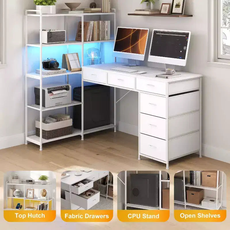 47.2 Bureau d'angle moderne en L avec 6 tiroirs et 5 étagères – Poste de travail d'angle avec prises de courant intégrées pour bureau à domicile