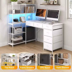 47.2 Bureau d'angle moderne en L avec 6 tiroirs et 5 étagères – Poste de travail d'angle avec prises de courant intégrées pour bureau à domicile