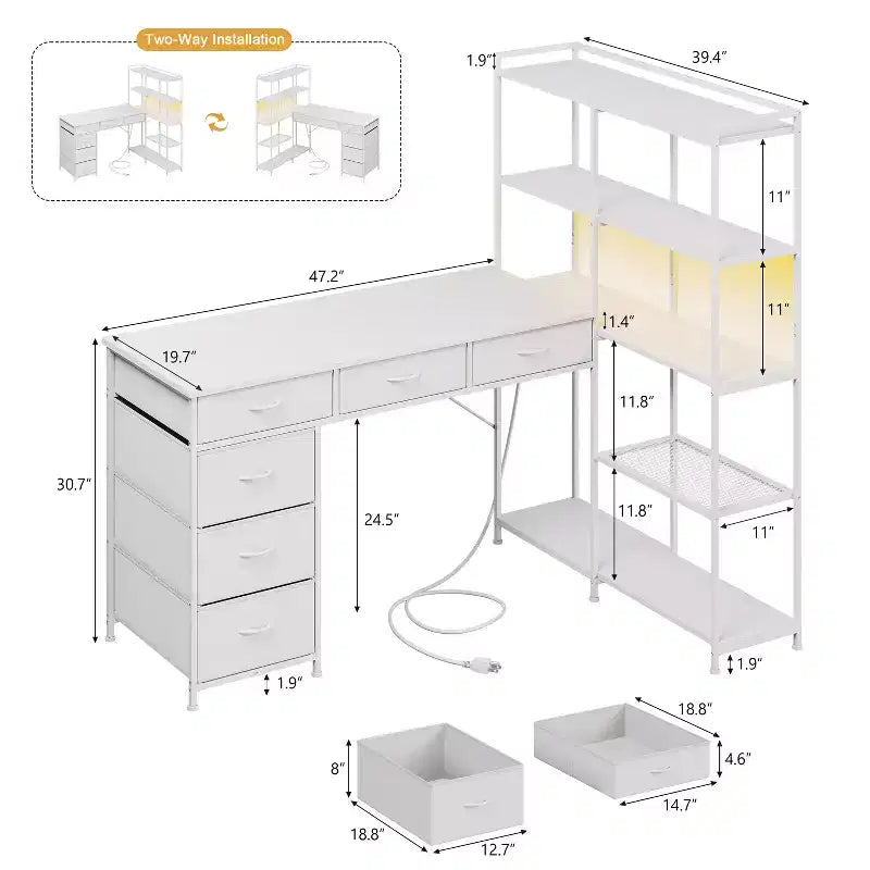 47.2 Bureau d'angle moderne en L avec 6 tiroirs et 5 étagères – Poste de travail d'angle avec prises de courant intégrées pour bureau à domicile