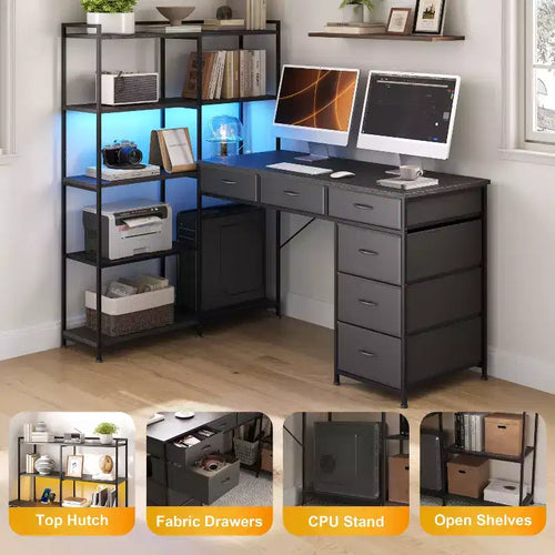 47.2 Bureau d'angle moderne en L avec 6 tiroirs et 5 étagères – Poste de travail d'angle avec prises de courant intégrées pour bureau à domicile