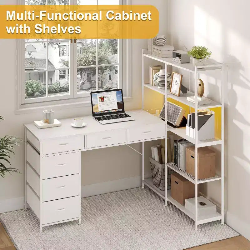 47.2 Bureau d'angle moderne en L avec 6 tiroirs et 5 étagères – Poste de travail d'angle avec prises de courant intégrées pour bureau à domicile