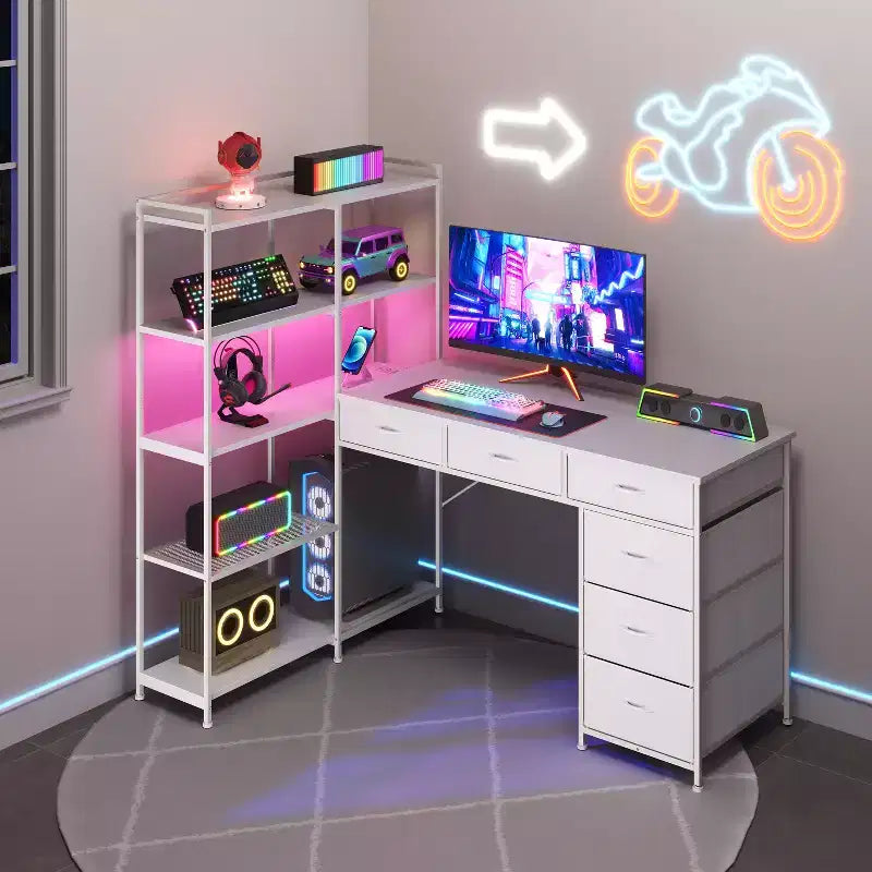 47.2 Bureau d'angle moderne en L avec 6 tiroirs et 5 étagères – Poste de travail d'angle avec prises de courant intégrées pour bureau à domicile