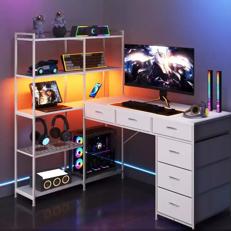 47.2 Bureau d'angle moderne en L avec 6 tiroirs et 5 étagères – Poste de travail d'angle avec prises de courant intégrées pour bureau à domicile