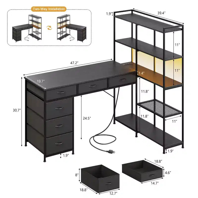 47.2 Bureau d'angle moderne en L avec 6 tiroirs et 5 étagères – Poste de travail d'angle avec prises de courant intégrées pour bureau à domicile