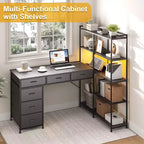 47.2 Bureau d'angle moderne en L avec 6 tiroirs et 5 étagères – Poste de travail d'angle avec prises de courant intégrées pour bureau à domicile