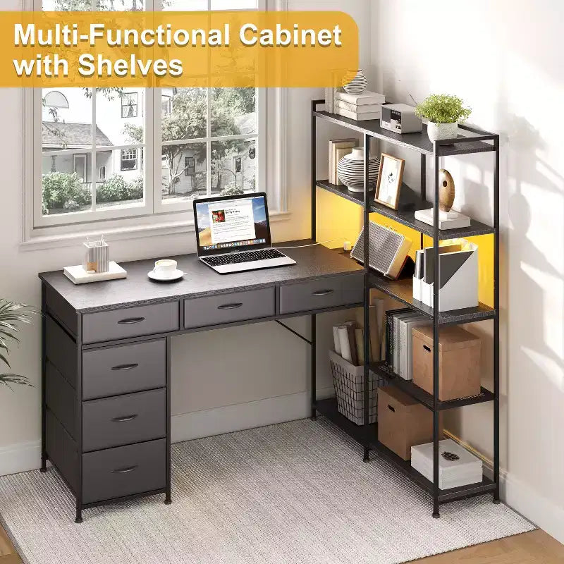 47.2 Bureau d'angle moderne en L avec 6 tiroirs et 5 étagères – Poste de travail d'angle avec prises de courant intégrées pour bureau à domicile