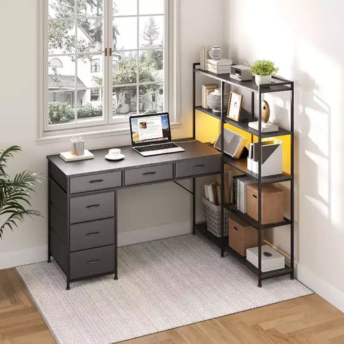 47.2 Modern L-Shaped Computer Desk with 6 Drawers and 5-Tier Shelves - Corner Workstation with Built-in Power Outlets for Home Office