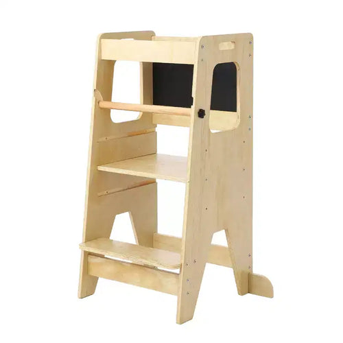 Adjustable Wooden Kids Kitchen Step Stool with Safety Guardrail - 3-Height Non-Slip Standing Tower for Toddlers, 150 lbs Weight Capacity