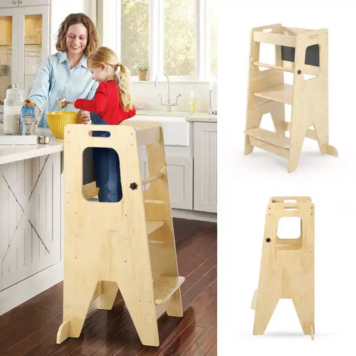 Tabouret de cuisine ajustable en bois pour enfants avec garde-corps de sécurité - Tour d'apprentissage antidérapante à 3 hauteurs pour tout-petits, capacité de 68 kg
