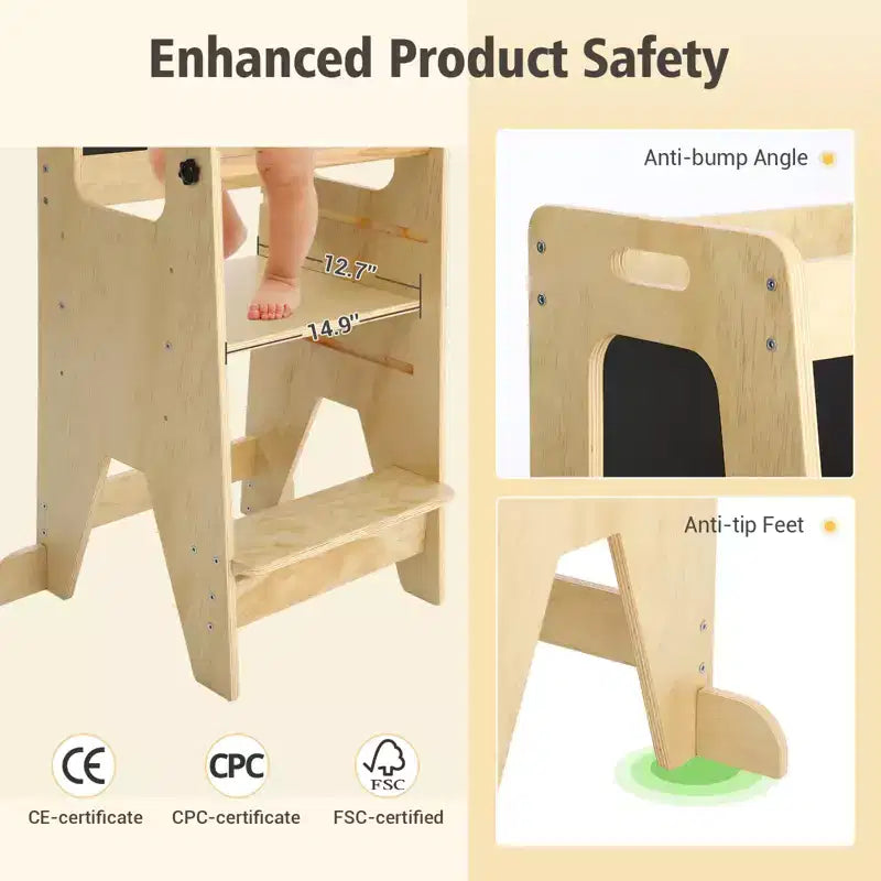 Tabouret de cuisine ajustable en bois pour enfants avec garde-corps de sécurité - Tour d'apprentissage antidérapante à 3 hauteurs pour tout-petits, capacité de 68 kg
