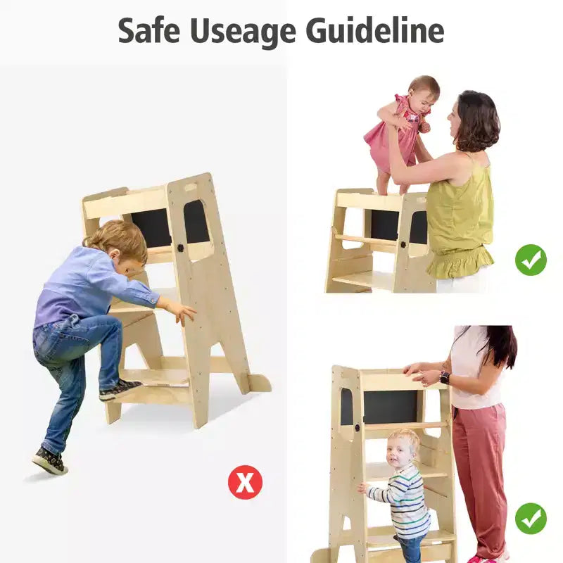 Tabouret de cuisine ajustable en bois pour enfants avec garde-corps de sécurité - Tour d'apprentissage antidérapante à 3 hauteurs pour tout-petits, capacité de 68 kg
