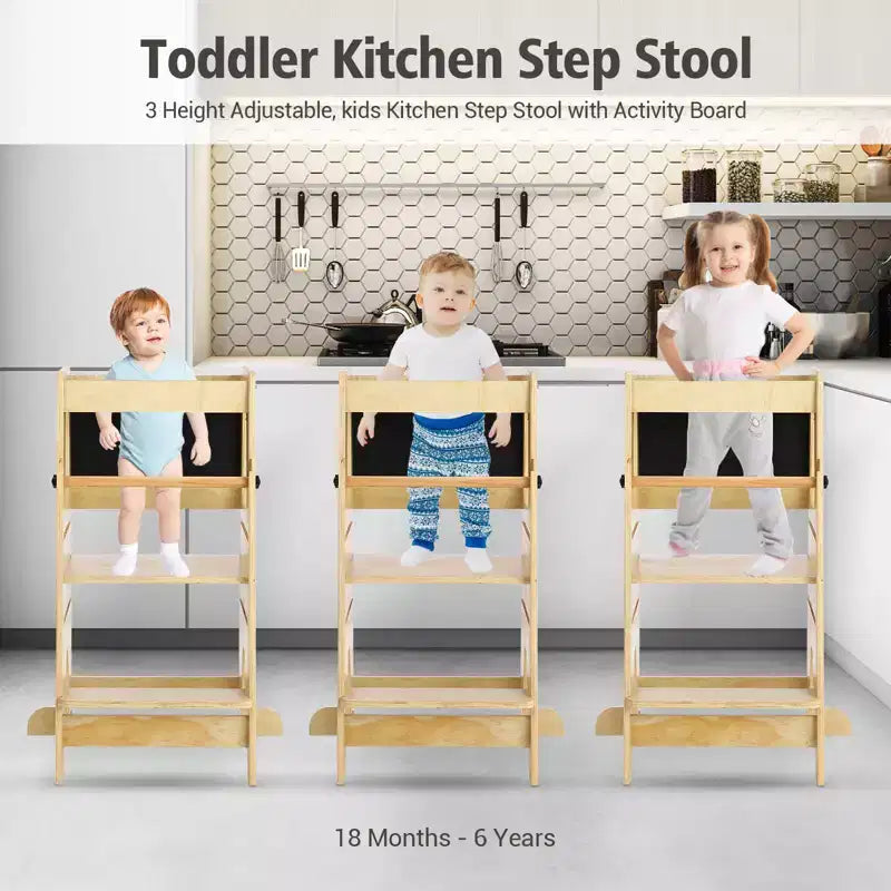 Tabouret de cuisine ajustable en bois pour enfants avec garde-corps de sécurité - Tour d'apprentissage antidérapante à 3 hauteurs pour tout-petits, capacité de 68 kg