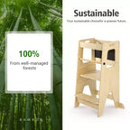 Tabouret de cuisine ajustable en bois pour enfants avec garde-corps de sécurité - Tour d'apprentissage antidérapante à 3 hauteurs pour tout-petits, capacité de 68 kg