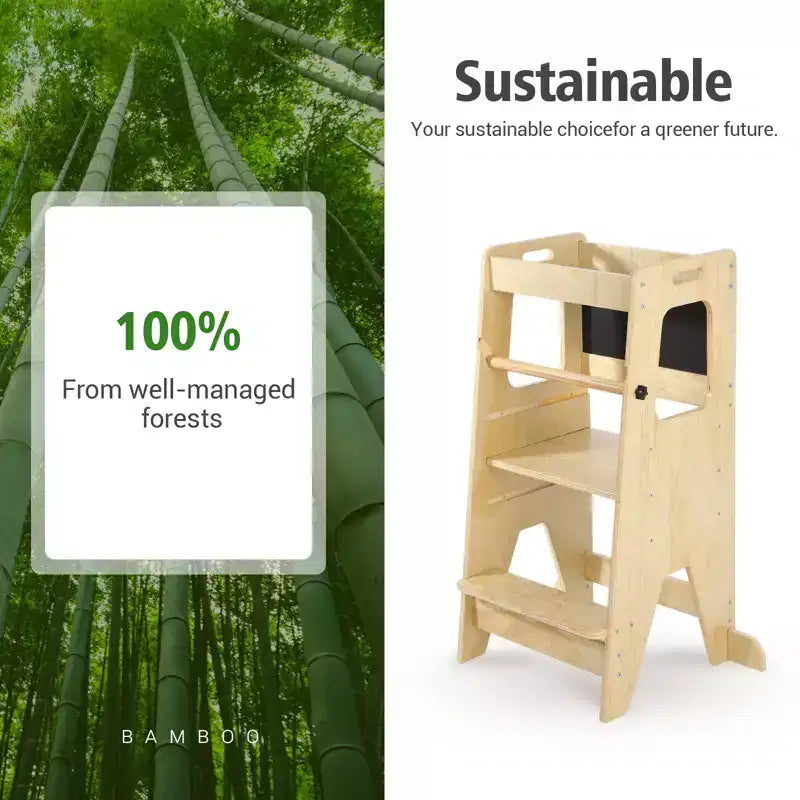 Tabouret de cuisine ajustable en bois pour enfants avec garde-corps de sécurité - Tour d'apprentissage antidérapante à 3 hauteurs pour tout-petits, capacité de 68 kg