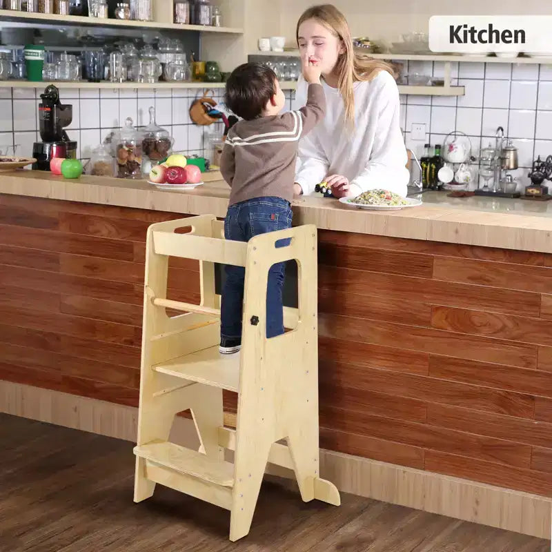Tabouret de cuisine ajustable en bois pour enfants avec garde-corps de sécurité - Tour d'apprentissage antidérapante à 3 hauteurs pour tout-petits, capacité de 68 kg