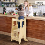 Tabouret de cuisine ajustable en bois pour enfants avec garde-corps de sécurité - Tour d'apprentissage antidérapante à 3 hauteurs pour tout-petits, capacité de 68 kg
