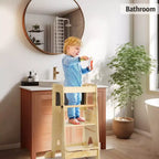Tabouret de cuisine ajustable en bois pour enfants avec garde-corps de sécurité - Tour d'apprentissage antidérapante à 3 hauteurs pour tout-petits, capacité de 68 kg