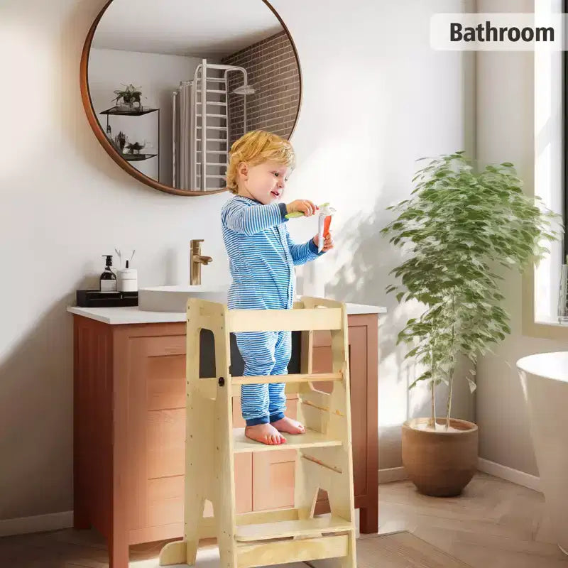 Tabouret de cuisine ajustable en bois pour enfants avec garde-corps de sécurité - Tour d'apprentissage antidérapante à 3 hauteurs pour tout-petits, capacité de 68 kg