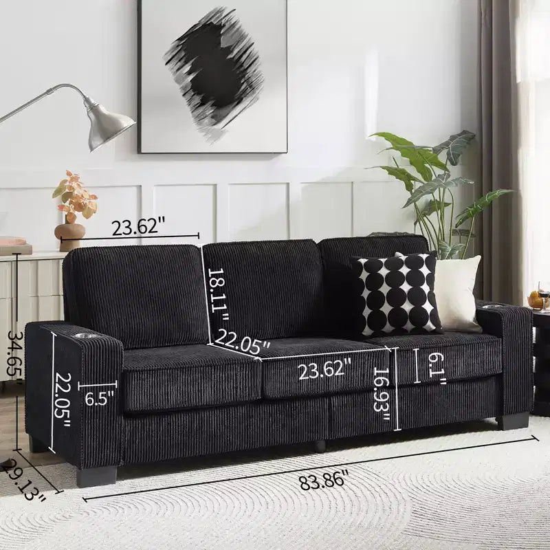 Canapé en velours côtelé Everly 84 de GDFStudio avec porte-gobelets intégrés
