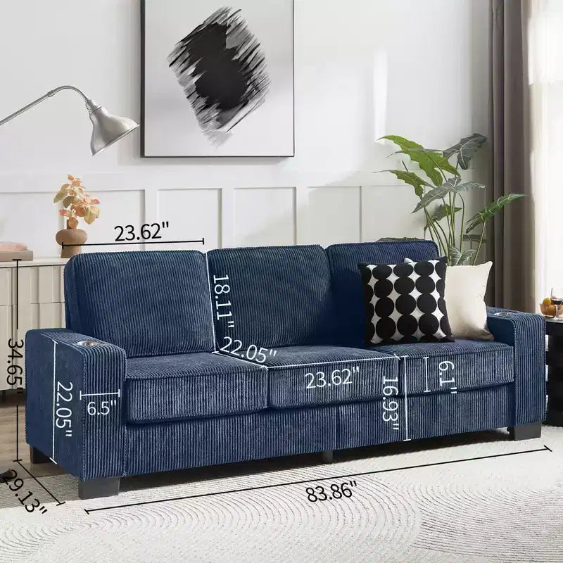 Canapé en velours côtelé Everly 84 de GDFStudio avec porte-gobelets intégrés