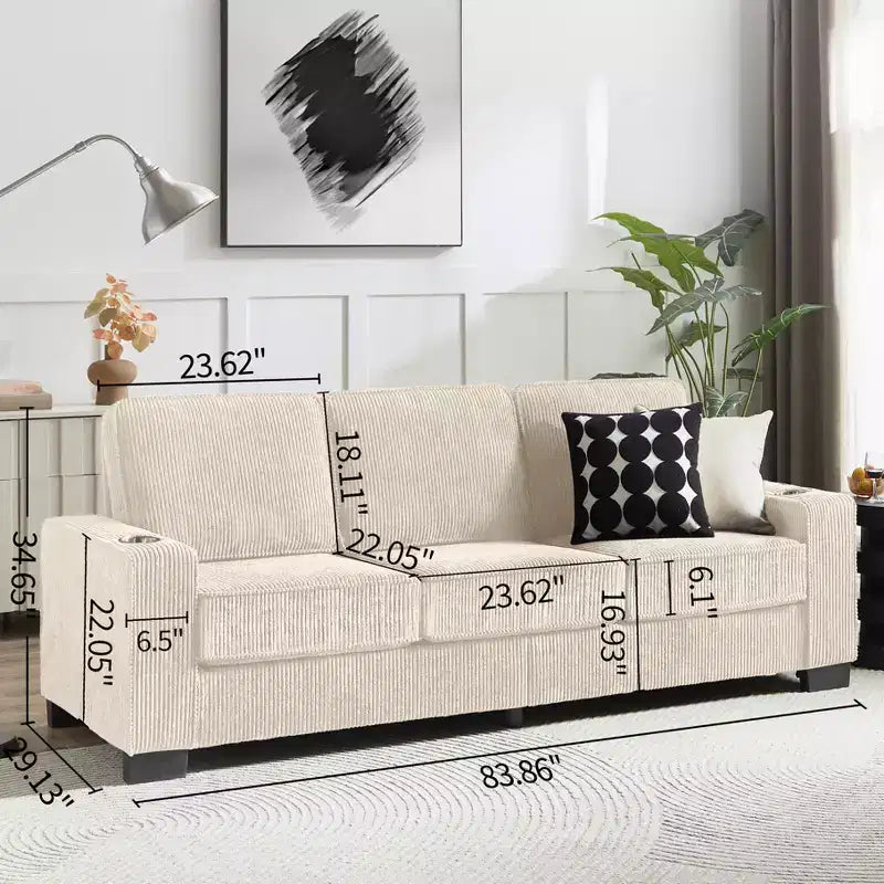 Canapé en velours côtelé Everly 84 de GDFStudio avec porte-gobelets intégrés