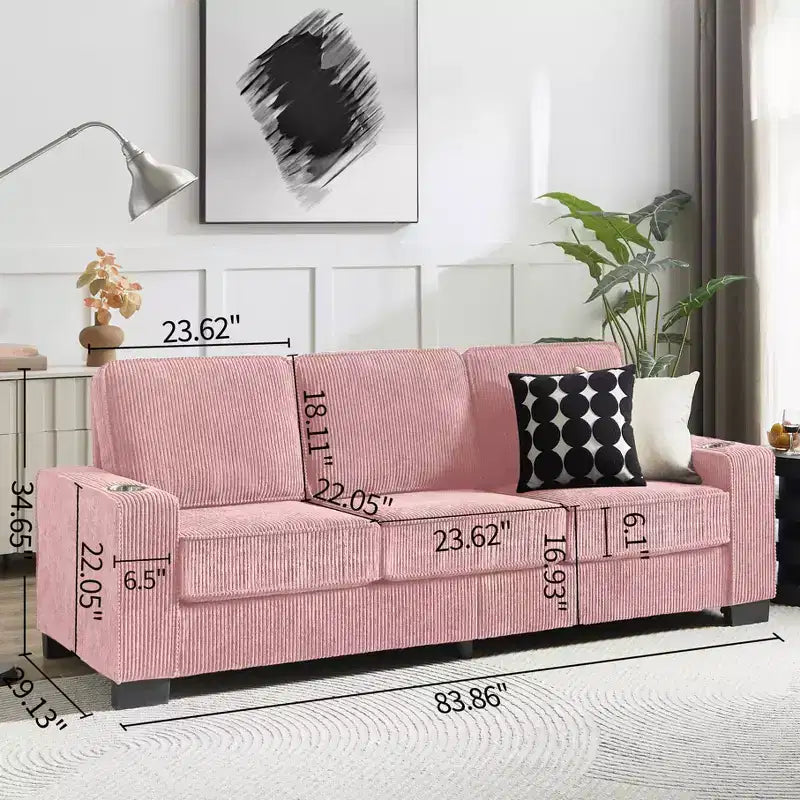 Canapé en velours côtelé Everly 84 de GDFStudio avec porte-gobelets intégrés