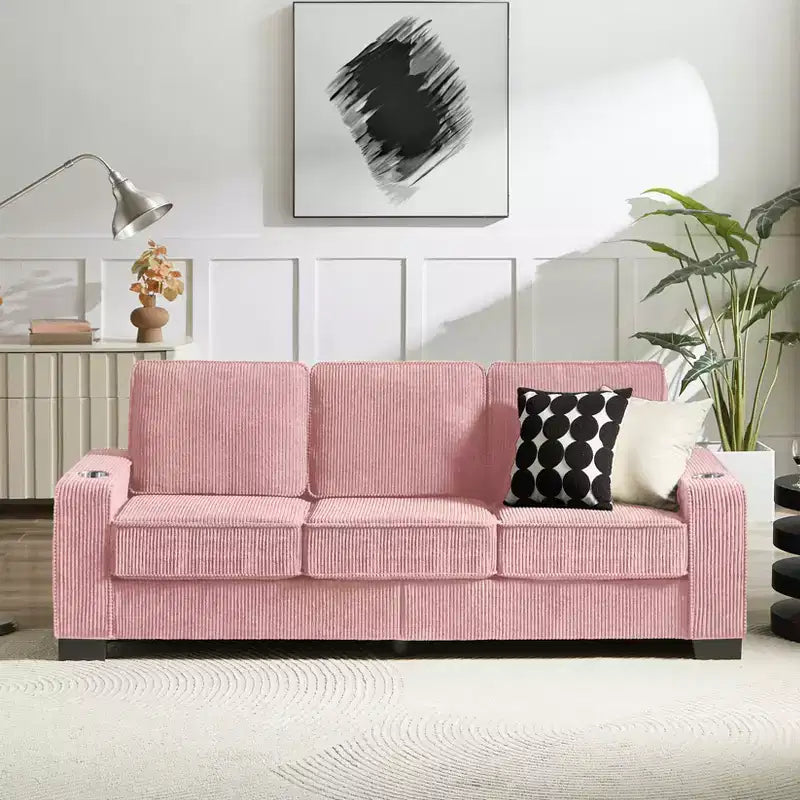 Canapé en velours côtelé Everly 84 de GDFStudio avec porte-gobelets intégrés