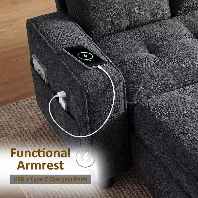 Canapé-lit Dyonery, canapé-lit escamotable en forme de L de 81 po avec méridienne de rangement réversible/port USB/poche latérale/assemblage sans outils, velours côtelé beige