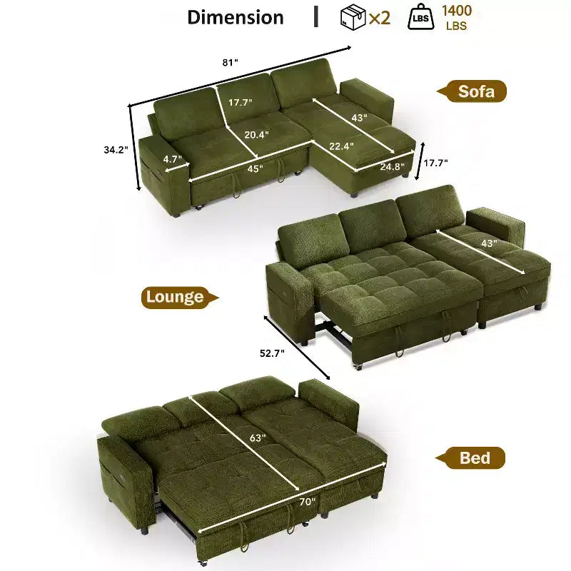 Canapé-lit Dyonery, canapé-lit escamotable en forme de L de 81 po avec méridienne de rangement réversible/port USB/poche latérale/assemblage sans outils, velours côtelé beige