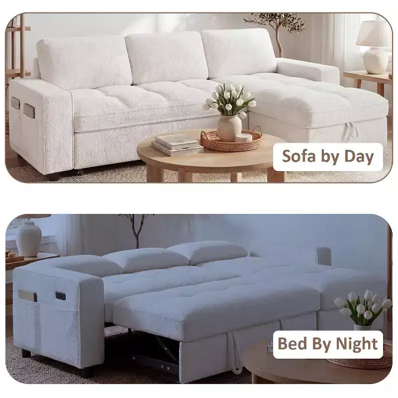 Canapé-lit Dyonery, canapé-lit escamotable en forme de L de 81 po avec méridienne de rangement réversible/port USB/poche latérale/assemblage sans outils, velours côtelé beige