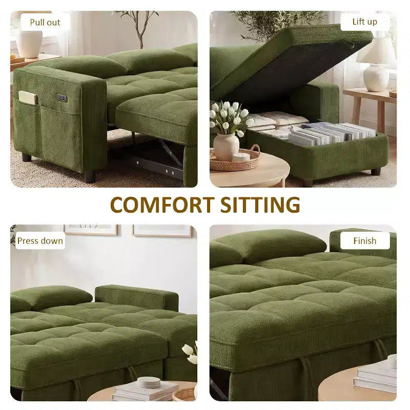 Canapé-lit Dyonery, canapé-lit escamotable en forme de L de 81 po avec méridienne de rangement réversible/port USB/poche latérale/assemblage sans outils, velours côtelé beige