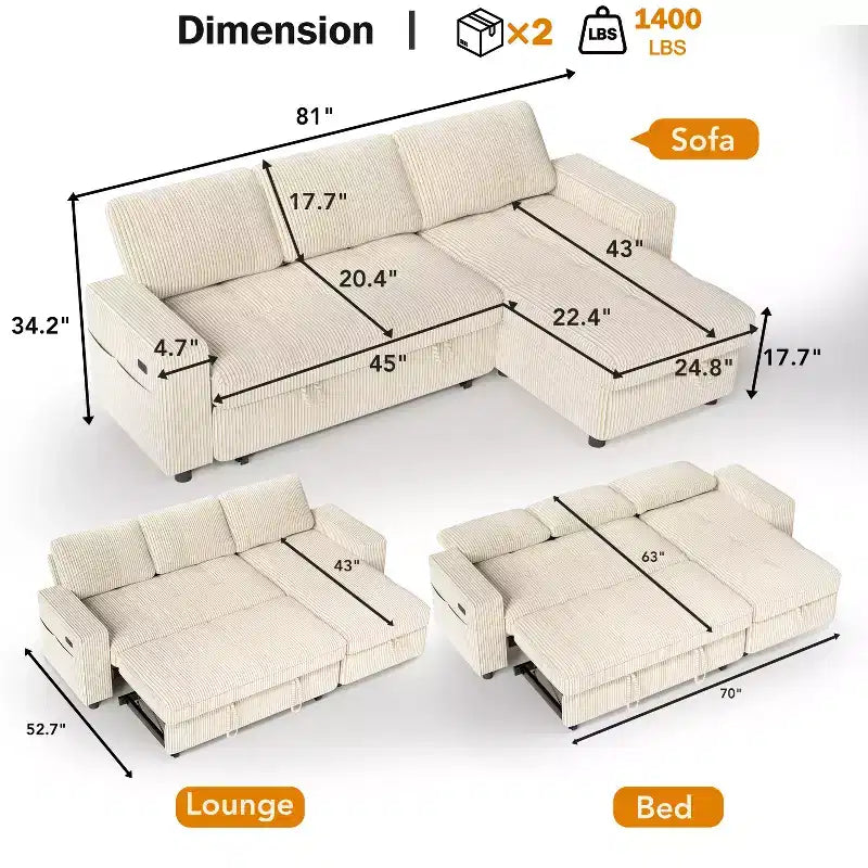Canapé-lit Dyonery, canapé-lit escamotable en forme de L de 81 po avec méridienne de rangement réversible/port USB/poche latérale/assemblage sans outils, velours côtelé beige