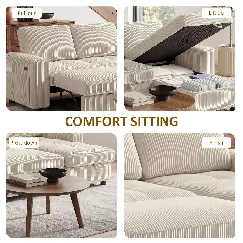 Canapé-lit Dyonery, canapé-lit escamotable en forme de L de 81 po avec méridienne de rangement réversible/port USB/poche latérale/assemblage sans outils, velours côtelé beige