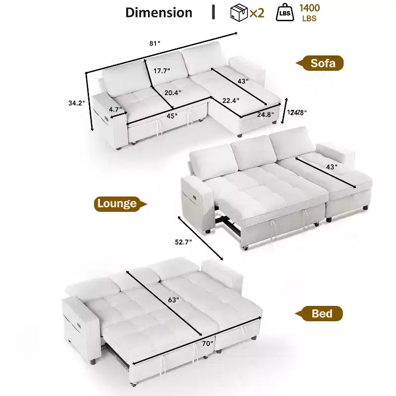 Canapé-lit Dyonery, canapé-lit escamotable en forme de L de 81 po avec méridienne de rangement réversible/port USB/poche latérale/assemblage sans outils, velours côtelé beige