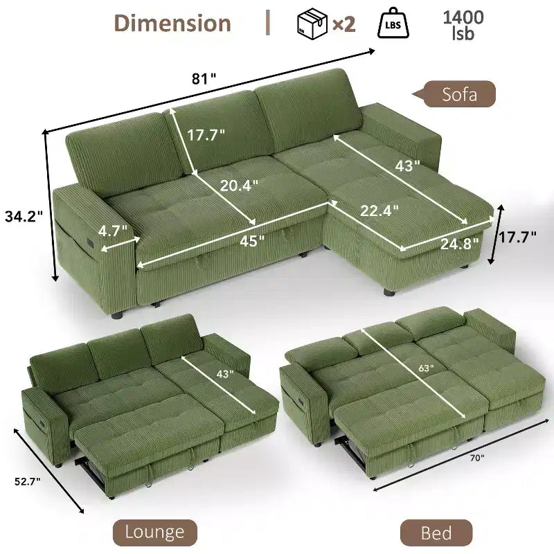 Canapé-lit Dyonery, canapé-lit escamotable en forme de L de 81 po avec méridienne de rangement réversible/port USB/poche latérale/assemblage sans outils, velours côtelé beige