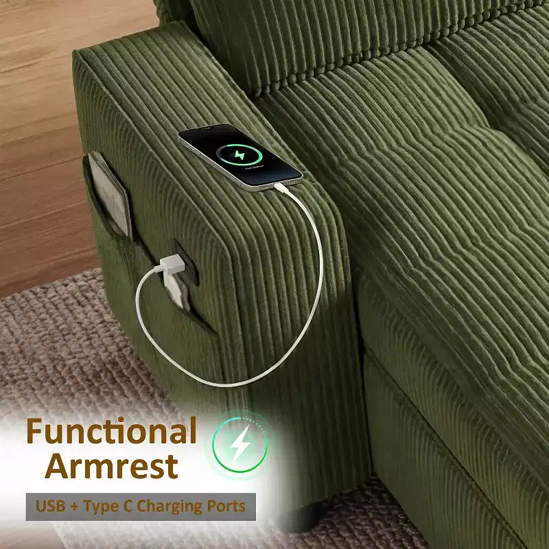 Canapé-lit Dyonery, canapé-lit escamotable en forme de L de 81 po avec méridienne de rangement réversible/port USB/poche latérale/assemblage sans outils, velours côtelé beige