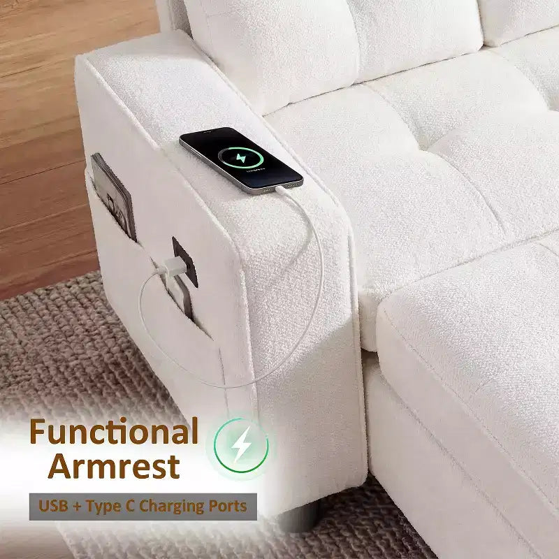 Canapé-lit Dyonery, canapé-lit escamotable en forme de L de 81 po avec méridienne de rangement réversible/port USB/poche latérale/assemblage sans outils, velours côtelé beige