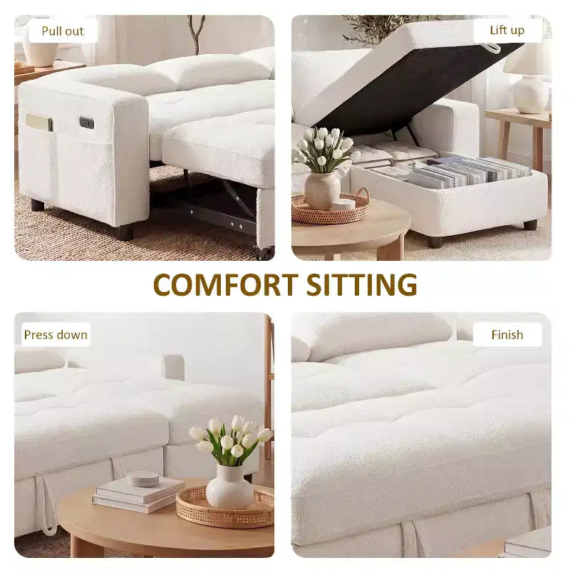 Canapé-lit Dyonery, canapé-lit escamotable en forme de L de 81 po avec méridienne de rangement réversible/port USB/poche latérale/assemblage sans outils, velours côtelé beige