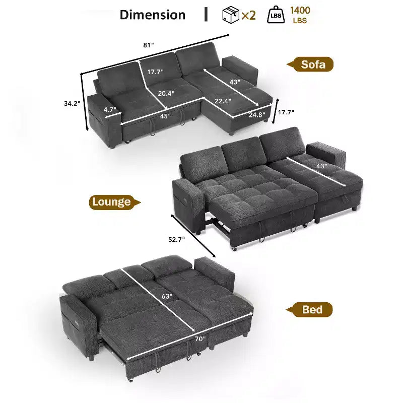 Canapé-lit Dyonery, canapé-lit escamotable en forme de L de 81 po avec méridienne de rangement réversible/port USB/poche latérale/assemblage sans outils, velours côtelé beige