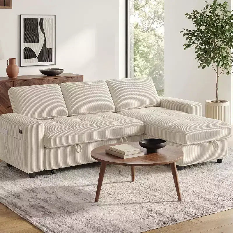 Canapé-lit Dyonery, canapé-lit escamotable en forme de L de 81 po avec méridienne de rangement réversible/port USB/poche latérale/assemblage sans outils, velours côtelé beige
