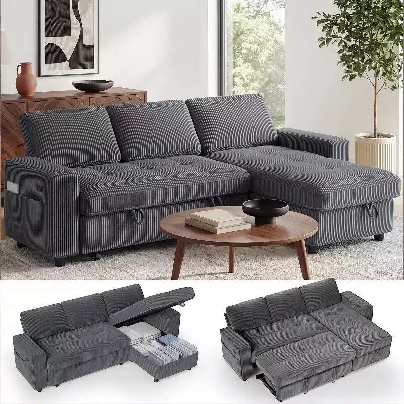 Canapé-lit Dyonery, canapé-lit escamotable en forme de L de 81 po avec méridienne de rangement réversible/port USB/poche latérale/assemblage sans outils, velours côtelé beige