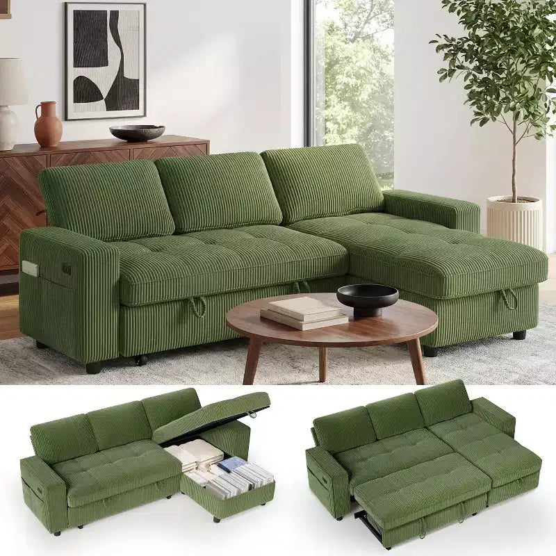 Canapé-lit Dyonery, canapé-lit escamotable en forme de L de 81 po avec méridienne de rangement réversible/port USB/poche latérale/assemblage sans outils, velours côtelé beige