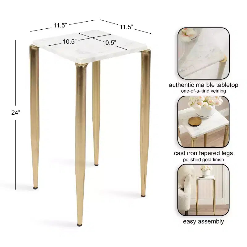 Table d'appoint en marbre et métal Kate et Laurel LeMaire, blanc et or, 12x12x24