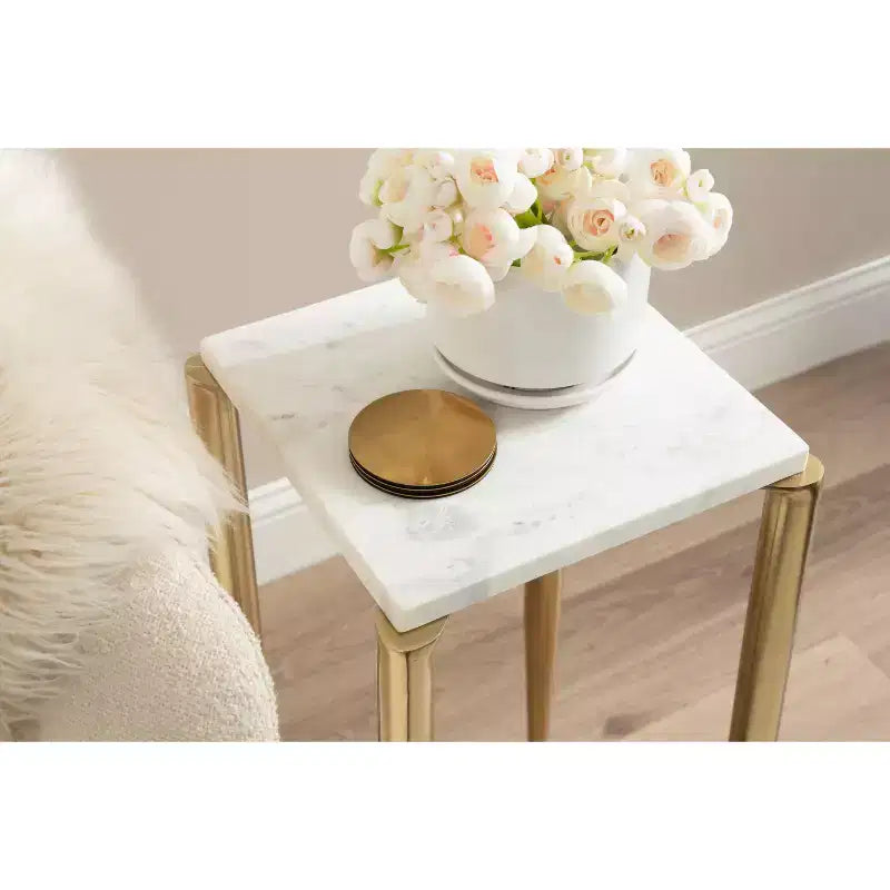 Table d'appoint en marbre et métal Kate et Laurel LeMaire, blanc et or, 12x12x24